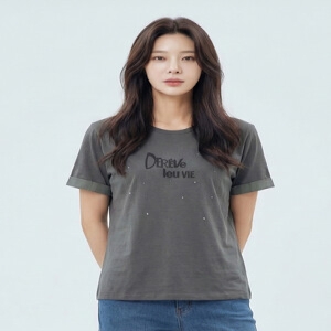 여성 코튼실켓 원포인트 소매턴업 티셔츠_1J45306 51348_5009318499