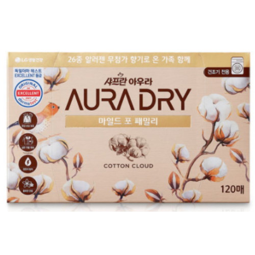 LG생활건강 샤프란 아우라 건조기 전용 섬유유연시트 마일드 포 패밀리 120매 (1개)