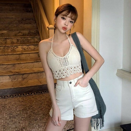 탑비치웨어 캡내장 비키니 상의 500280 홀터넥 갈란 니트 테슬