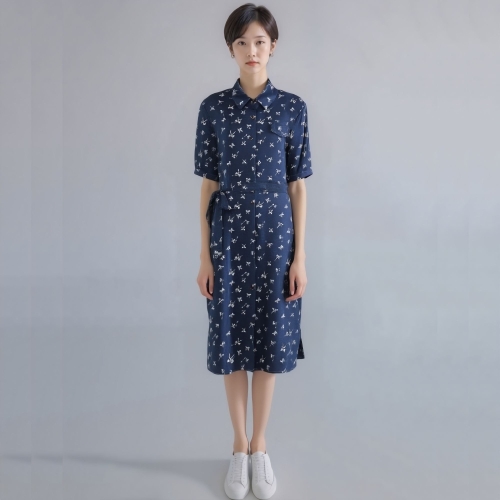 모라도 24년 봄 여름 중년 여성 리본 나염 셔츠형 원피스RNM8OP420H-CC_이미지