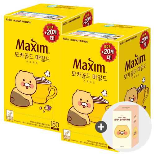 동서식품 맥심 모카골드 마일드 커피믹스 180T x 2개+춘식이 쿠션 (1개)