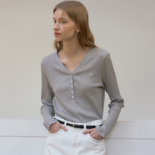 아워호프 로고 브이넥 버튼 슬리브 티셔츠 Melange Grey HK26SP-TS04-MEL_이미지