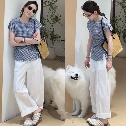 패션라인 BL10288_에버블라우스/체크패턴/프릴넥/러블리룩/여름블라우스 원칼라/FREE_이미지