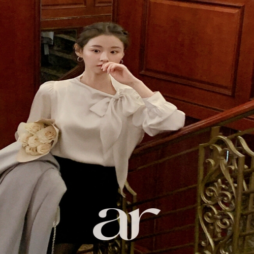 아뜨랑스 실물고퀄템/연말룩/드레시무드 로이 리본 타이 샤틴 블라우스 bs8545_이미지