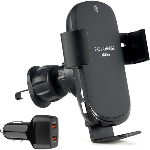 인데나 플립 15W 차량용 5세대 듀얼코일 고속 무선충전거치대 IND-WLC3000 + 퀄컴 QC3.0 2구 고속충전기 C191_이미지