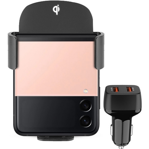 인데나 플립 15W 차량용 5세대 듀얼코일 고속 무선충전거치대 IND-WLC3000 + 퀄컴 QC3.0 2구 고속충전기 C191_이미지