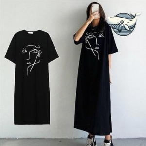 파세코 스타일리쉬 페이스 프린트 반팔 원피스 여성 WFH6VTM