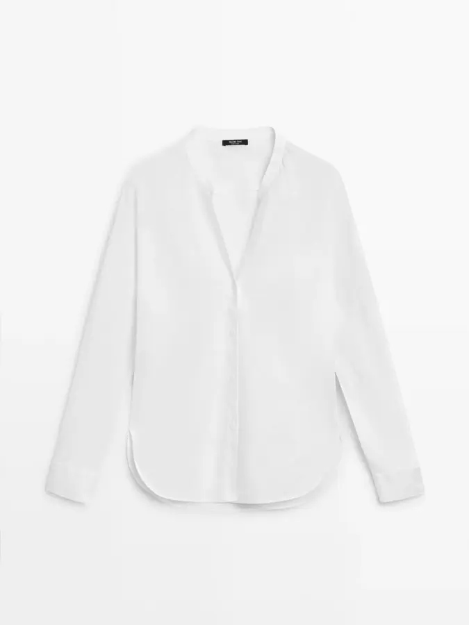 버튼 여밈 스탠드업 칼라 린넨 셔츠 Weiss 5151730