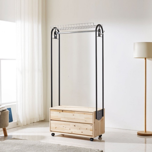 시스모 삼나무 2단서랍 선반 이동식 옷걸이 행거 800