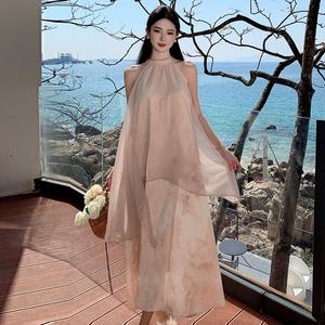 사틴 여성 망사 롱 스커트 홀터넥 민소매 원피스 언발 비치 G01Z1-0 OP1_이미지