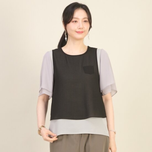 애비뉴투지 엄마옷 포켓미 쉬폰 시스루 쁘띠 라운드 여름 숏 조끼 V05502_이미지