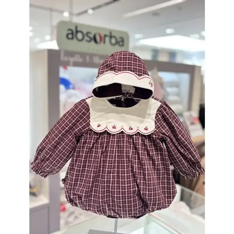 압소바 말띠임신출산축하선물 샐리 체크우주복+보넷 세트 AB2652OR24 버건디