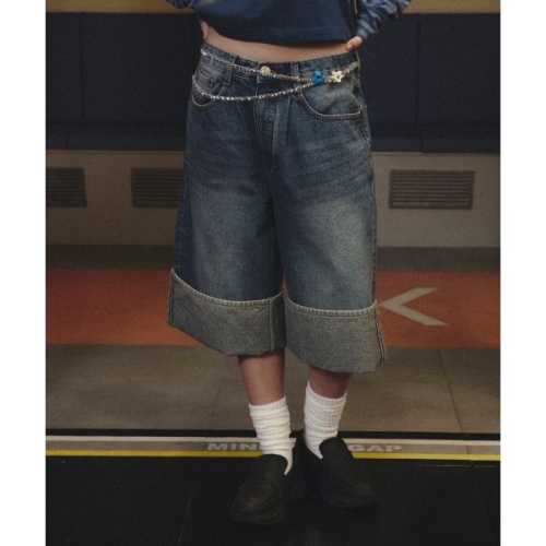 Travel 롤업 버뮤다 데님 쇼츠 블루 157297