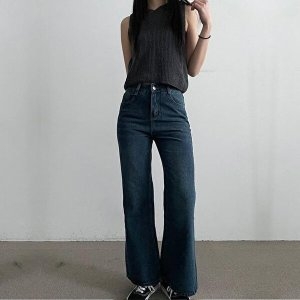 패션 JHQRNHNQ_4B 세미 진청데님 키작녀청바지 와이드 스트레이