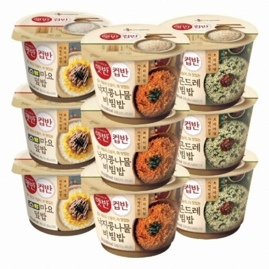 CJ제일제당 햇반 컵반 스팸마요덮밥 219g x 3개+낙지콩나물비빔밥 216g x 3개+버섯곤드레비빔밥 189g x 3개 (1세트)