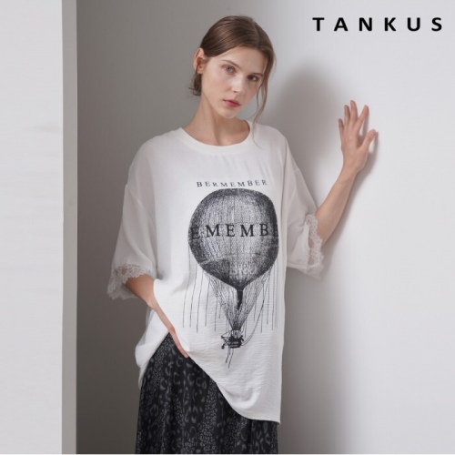 탱커스 루즈핏 프린팅 레이스 트리밍 반팔 티셔츠 TX2TS034L0