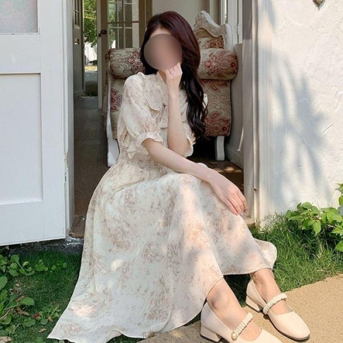 쉬폰 소재 브이넥 리본스트링 포인트 허리밴딩 원피스 WF04A17