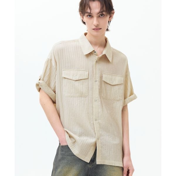 트릴리온 TRILLION 링클 시어 오버핏 롤 업 반팔 셔츠 베이지 TRSSH35BE 120610_이미지