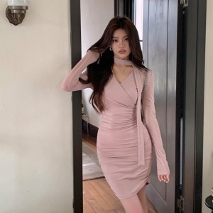 루나걸 여성용 스텔트 리본 V넥 원피스 L25FOPS073007