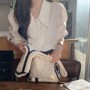 셀러허브 CWTB2258 여성 퍼프 숄더 카라 블라우스 벌룬 소매 화이트 셔츠 S30019097_이미지