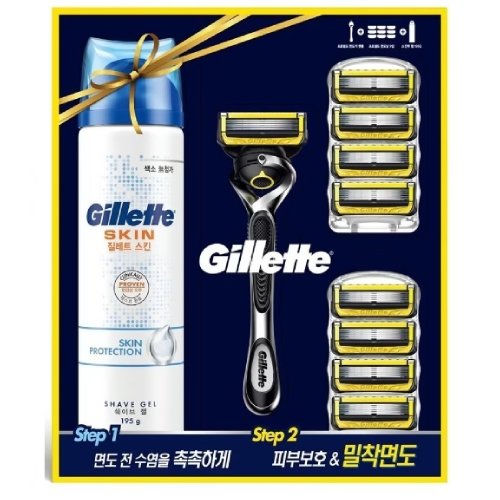 질레트 리뉴얼 플렉스볼 프로쉴드 옐로우 매뉴얼 + 면도날 (면도기1개+날8개+쉐이브젤)_이미지