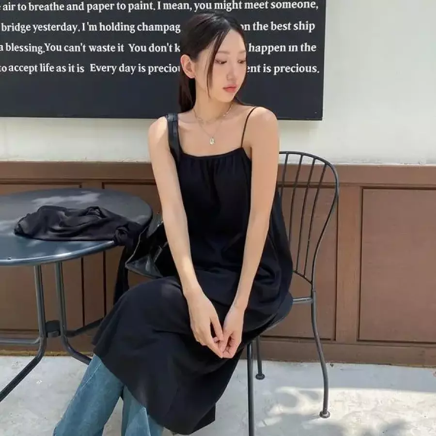 여성 앞트임 끈 나시 긴 원피스 슬리브리스