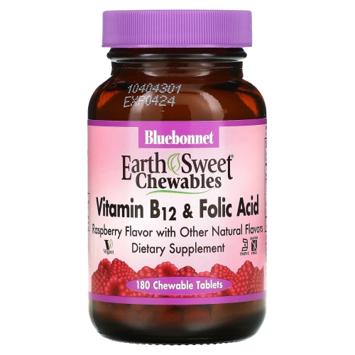 블루보넷 뉴트리션 EarthSweet 츄어블 비타민B-12 및 엽산 라즈베리맛 180캡슐 (1개)_이미지