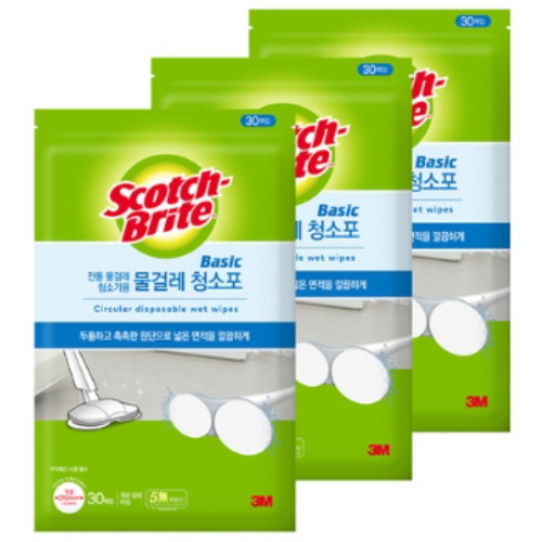 3M 스카치브라이트 베이직 물걸레 청소포 원형 210mm 30매 (3개)_이미지
