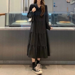  오노마 ONM 캉캉 긴팔 블랙 롱원피스 리본 20대 가을패션 하객룩 17774968