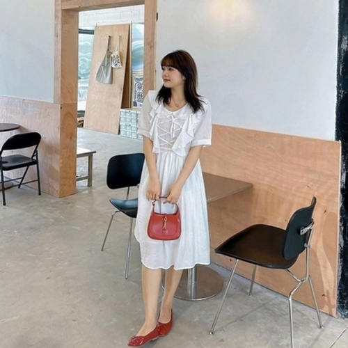 러블리 셔링 무지 면 반팔 롱 원피스 빅사이즈 심플 KYR-WDC4561