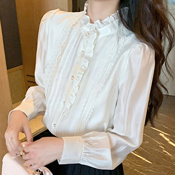 아리아 프릴 레이스 셔링 핀턱 블라우스 FS002981