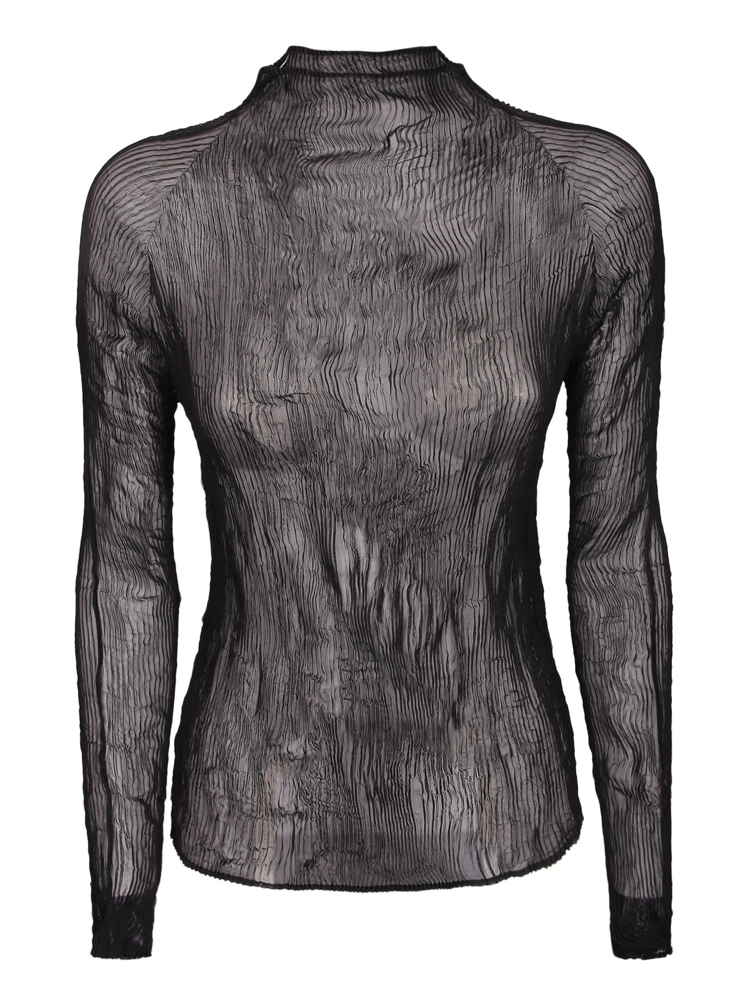 롱-슬리브 chiffon 탑. High collar. Pleated fabric design. IM58FJ42115