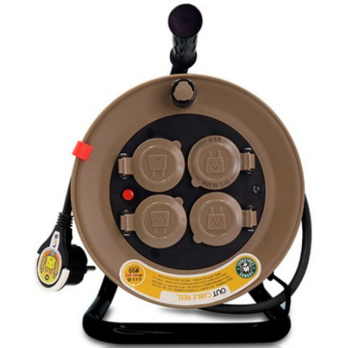 3구 USB 노출 캡형 전선릴 블랙브라운