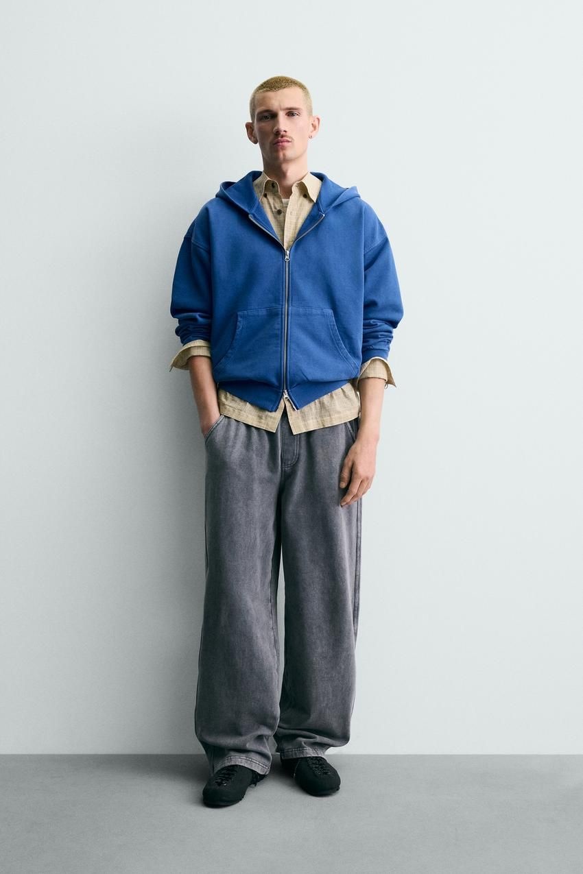 자라 워시드 집업 짚업 후디 후드티 블루 스틸 3443424431 1121744