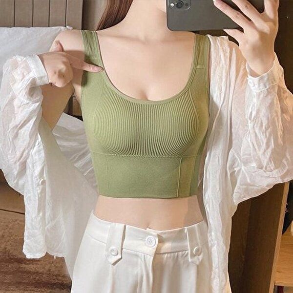 패션 여자 골지 크롭 브라탑 내장패드 나시 요가 홈웨어룩 36732299