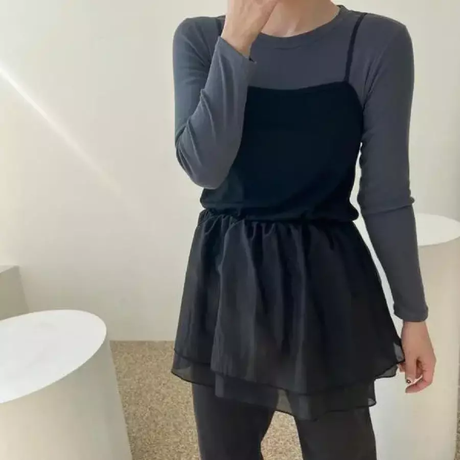 레이어드 뷔스티에 시스루 오간자 쉬폰 나시원피스 33122410A