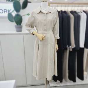 동광인터내셔날 비지트인뉴욕 바스락 7부소매 오픈카라 A라인 원피스 VA4OP20v