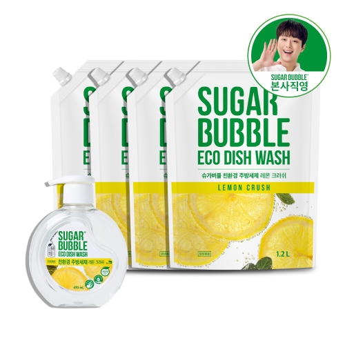 슈가버블 친환경 주방세제 레몬 크러쉬 470ml + 리필 1.2L (본품1개+리필4개)_이미지