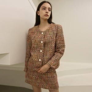 텐바이텐 데미지니모닉 멜란지 라운드넥 트위드 베이지핑크 자켓_Mela._이미지