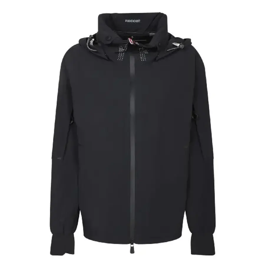 몽클레르 블랙 봄버 with integrated 후드, front 집 closure, 앤 reflective details 1A0000