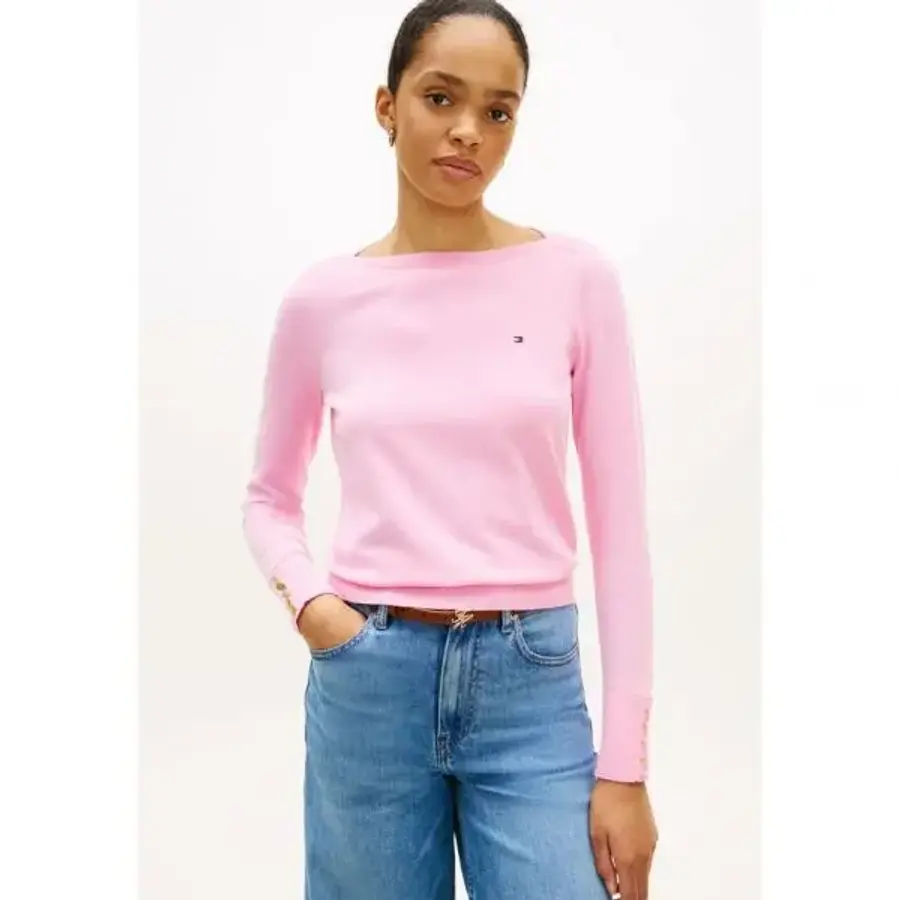 타미힐피거 토미 힐피거 골드톤 버튼 저지 보트넥 점퍼 로즈 페탈 7649697