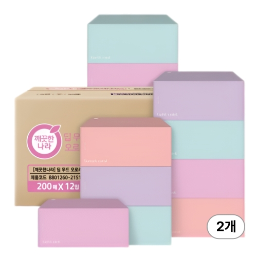깨끗한나라 딥무드 오로라 미용티슈 200매 (12입) (2팩(24입))