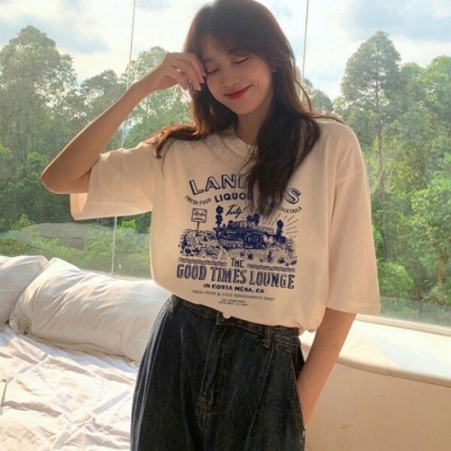 빈티지 여성 여름 반팔 루즈핏 캐주얼 티셔츠_19612657_667501