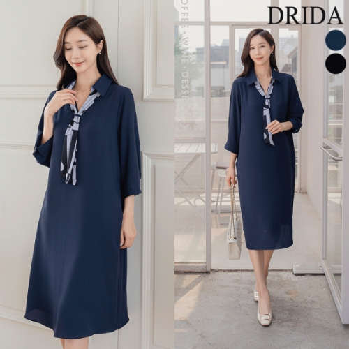드리다 여성 봄 여름 타이 카라 반오픈 빅사이즈 정장 원피스 40-50대 미시 중년여성 엄마옷 하객 상견례 네이비 XL_99-100
