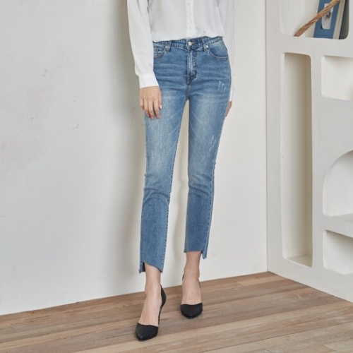 포인트 허리밴딩 심플 밑단 사선컷팅 일자진 WJM 828