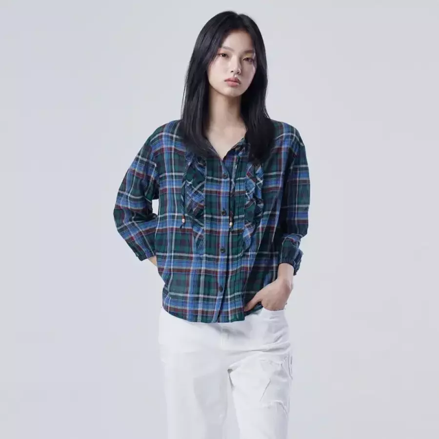 베네통 프릴 체크 블라우스_BABL52631BL_이미지