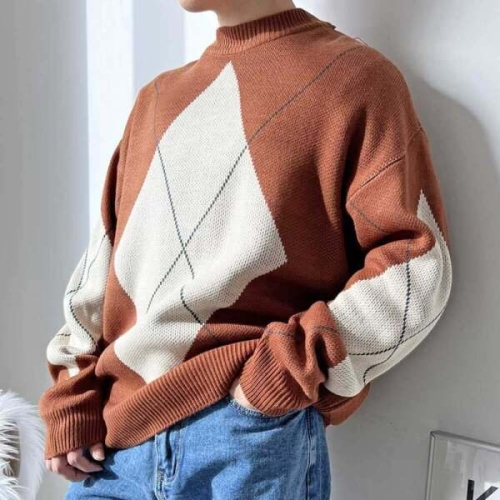 모로엠 남성 아가일 오버핏 라운드넥 니트 스웨터 ON-KN-QWE579