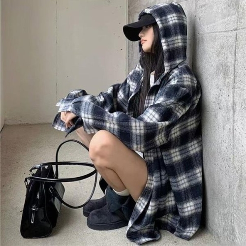여친룩 체크 빈티지 오버핏 긴팔 후드셔츠 SSH-121 45035398A