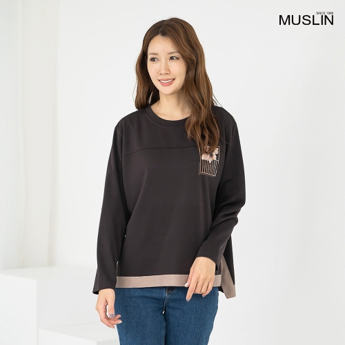 모슬린 엄마옷 라운드 배색 패치 긴팔티셔츠 TS510084 중년여성/50대/60대/70대/빅사이즈/할머니옷