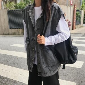 리더스 여성 루즈핏 블랙 데님 베스트 흑청 환절기 조끼